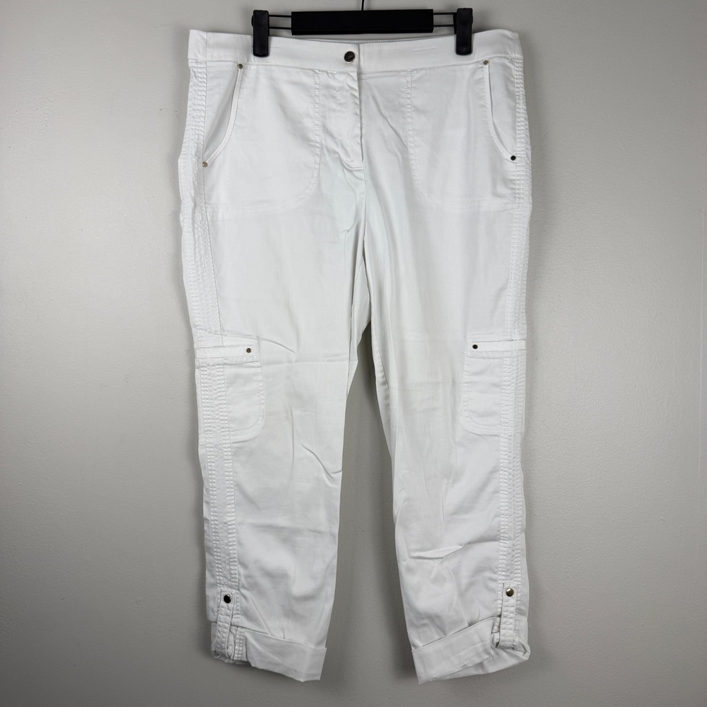 Chico's Cropped Cargo Pants Women's 10/ 1.5 White Roll-Tab Hem Utility Stretch